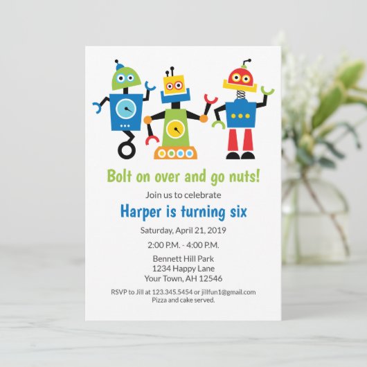 Robot verjaardagsuitnodiging robots kaart (Staand voorkant)