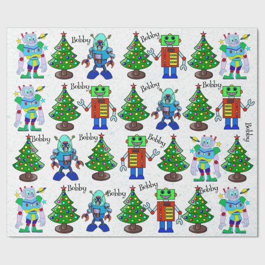 Robot Voeg jongensnaam toe Schattigee kerstrol Cadeaupapier (Vlak)