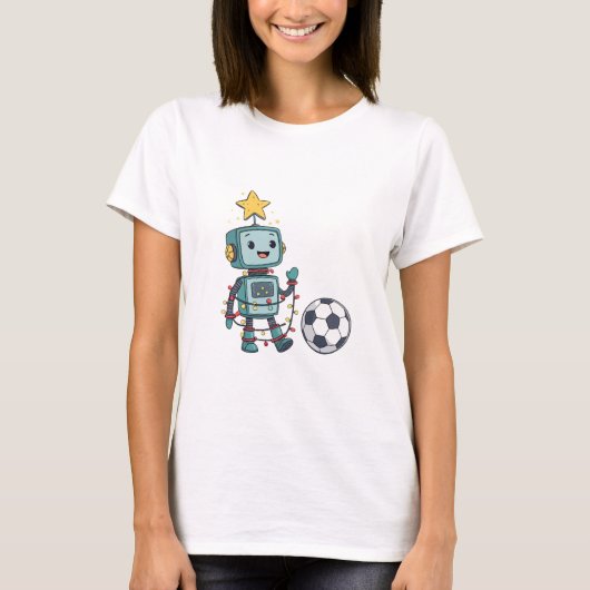 Robot with Christmas lights playing soccer T-shirt (Voorkant)