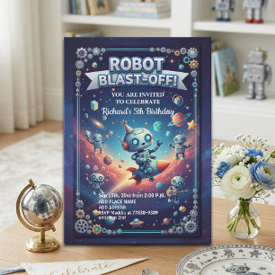 Robotfeest in de ruimte 5e verjaardagsfeest kaart