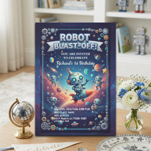 Robotfeestje in de ruimte 1e verjaardag kaart