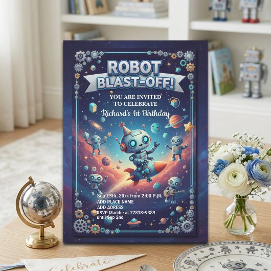 Robotfeestje in de ruimte 1e verjaardag kaart