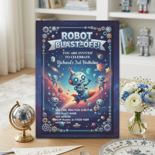 Robotfeestje in de Ruimte 3e Verjaardag Kaart