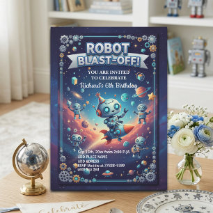 Robotfeestje in de ruimte 6de verjaardag kaart