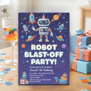 Robotfeestje in de ruimte 7de verjaardag kaart