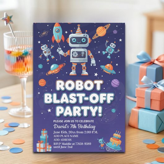 Robotfeestje in de ruimte 7de verjaardag kaart