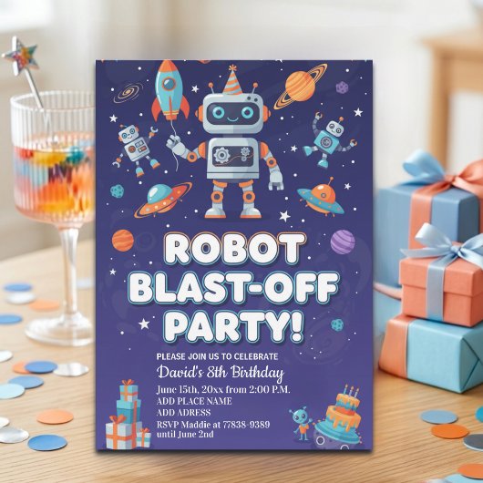 Robotfeestje in de ruimte 8e verjaardag kaart