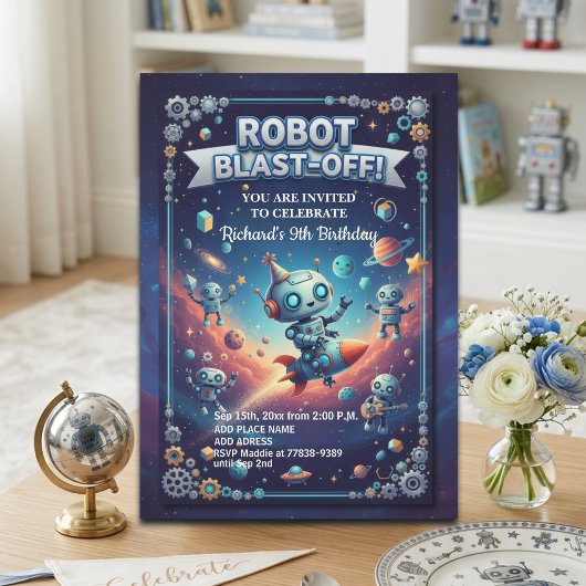 Robotfeestje in de ruimte 9e verjaardag kaart