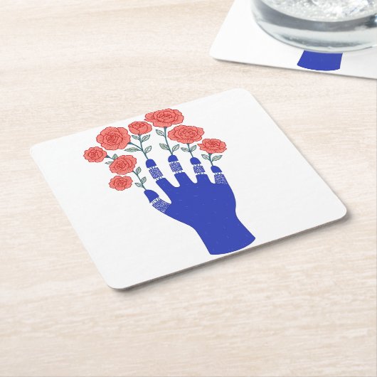 Robothand met bloeiende Rozen artwork Kartonnen Onderzetters (Schuin)