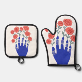 Robothand met bloeiende Rozen artwork Ovenwant & Pannenlap Set