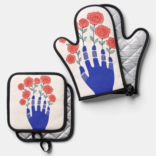 Robothand met bloeiende Rozen artwork Ovenwant & Pannenlap Set (Voorkant / Achterkant)