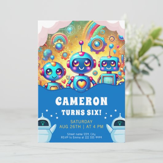 Robotica party verjaardagsuitnodiging kaart (Staand voorkant)