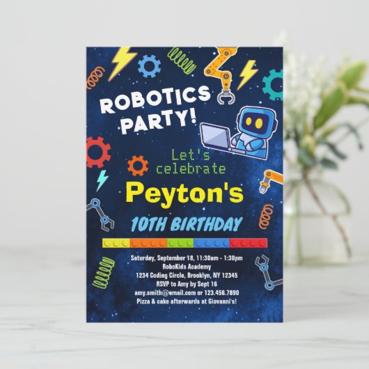 Robotica Verjaardagsfeestuitnodiging voor kinderen Kaart (Staand voorkant)