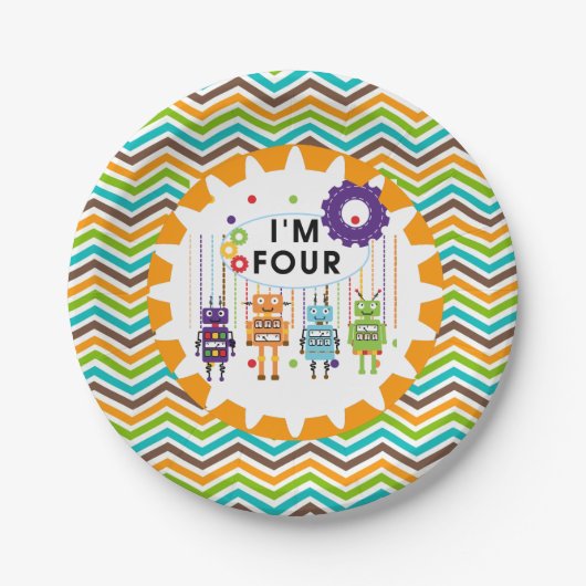 Robots 4th Birthday Paper Borden Papieren Bordje (Voorkant)