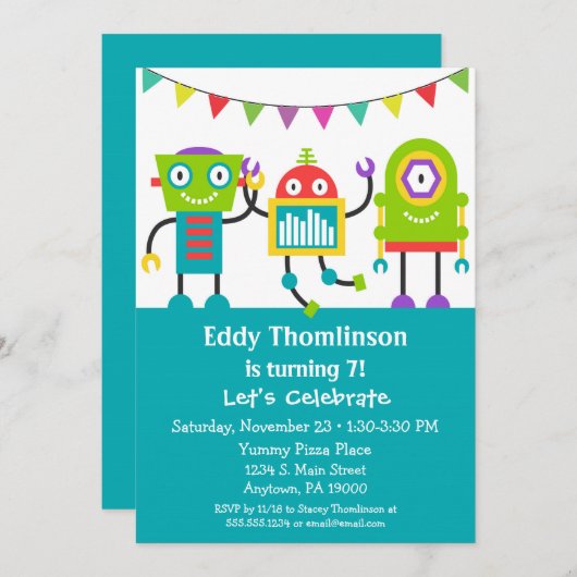 Robots Birthday Invitation Boys Colorful Robot Kaart (Voorkant / Achterkant)