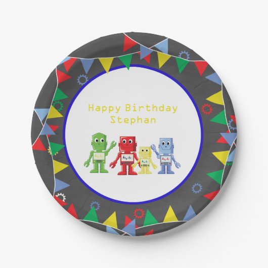 Robots Birthday party Paper borden - Gepersonalise Papieren Bordje (Voorkant)