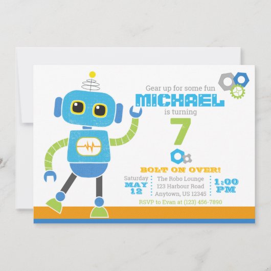 Robots en Bolts Blue en Green Birthday Kaart (Voorkant)