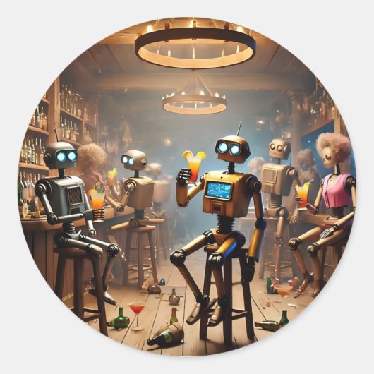 robots having fun in a bar ronde sticker (Voorkant)