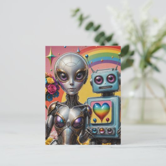 Robots in liefde LGBTQ Briefkaart (Staand voorkant)