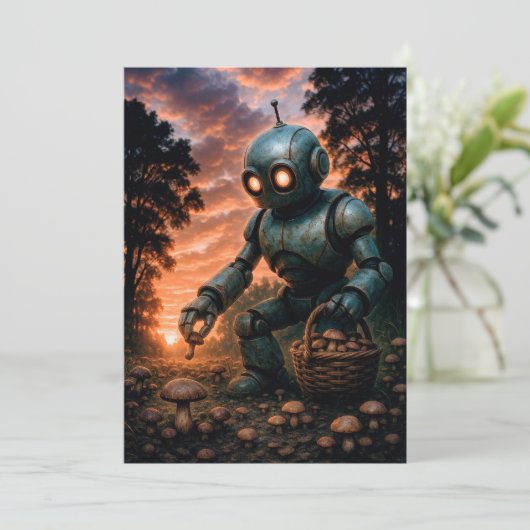 Robots oogsten paddenstoelen en plukken Rozen Kaart (Staand voorkant)