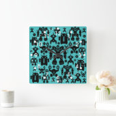 Robots Rule Fun Robot Silhouettes Pattern Blue Vierkante Klok (Huis)