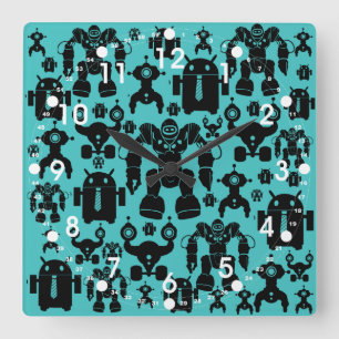 Robots Rule Fun Robot Silhouettes Pattern Blue Vierkante Klok