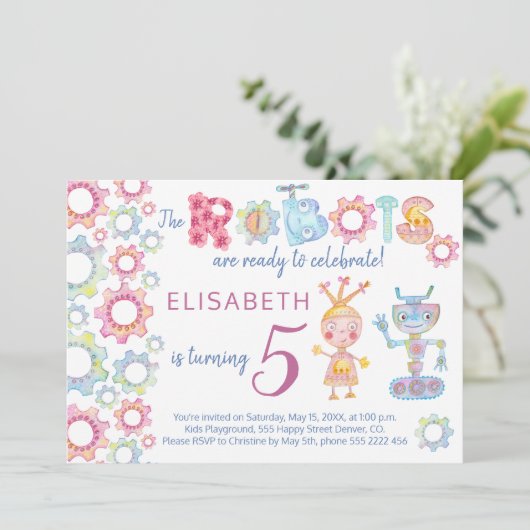 Robots thema verjaardagsfeest kinder leuke uitnodi kaart (Staand voorkant)