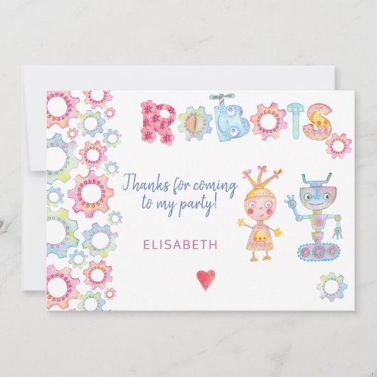 Robots thema verjaardagsfeestje kinder leuk bedank bedankkaart (Voorkant)