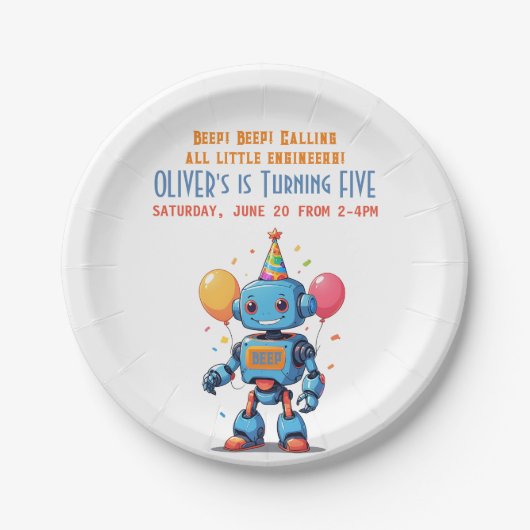 Robotthema met ballonnen waterverf papieren bordje (Voorkant)