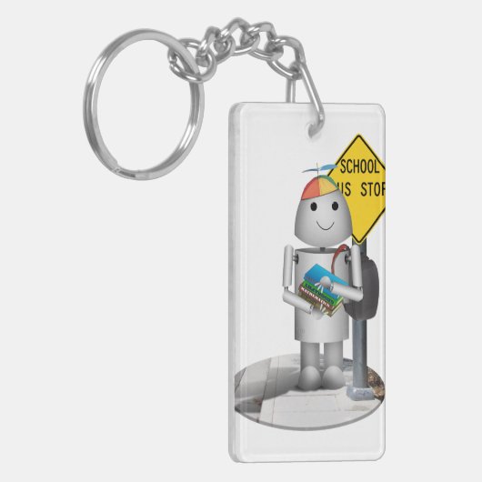 Robox9 bij bushalte - terug naar school sleutelhanger (Voorkant Links)