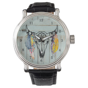 Robuusachtige Oxen-schedel met Waterverf Feathers- Horloge
