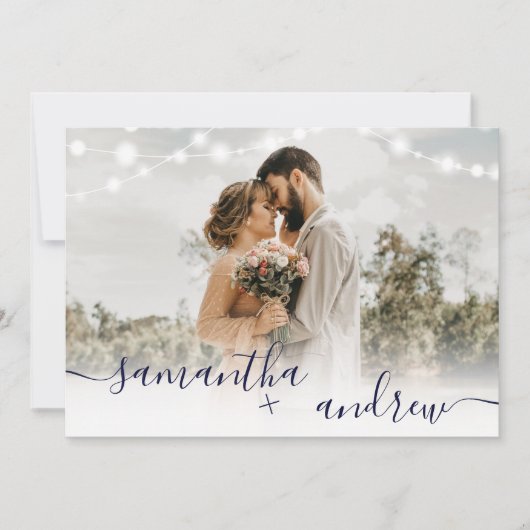 Robuust blauw licht script 4 foto's bruiloft kaart (Voorkant)