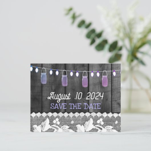 Robuust de datum op met hout, kant, snaarlicht aankondigingskaart (Staand voorkant)