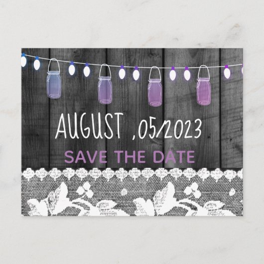 Robuust de datum op met hout, kant, snaarlicht aankondigingskaart (Voorkant)