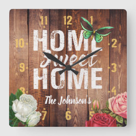Robuust, donker hout "Home Sweet Home"-design, Vierkante Klok