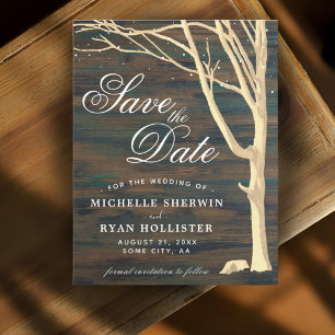 Robuust, donker houtenscript save the date
