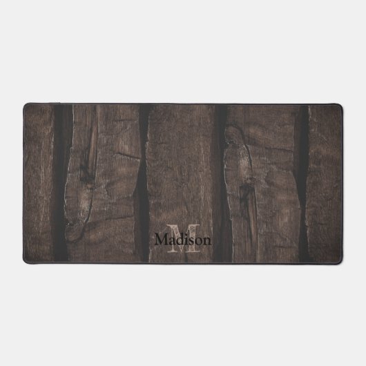 Robuust, donkerbruin, oud hout Monogram Bureaumat (Voorkant)