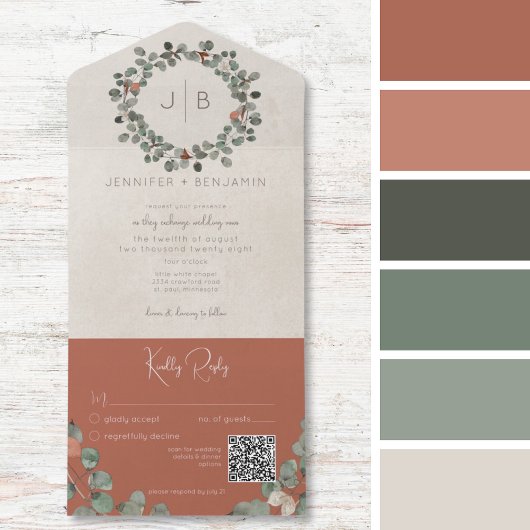 Robuust en groene eucalyptus Moderne QR-code All In One Uitnodiging