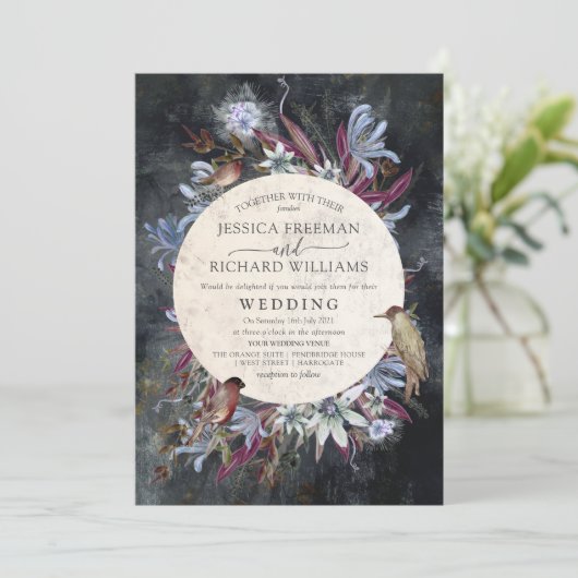 Robuust floreel lijst donker met vogeluitnodiging kaart (Staand voorkant)