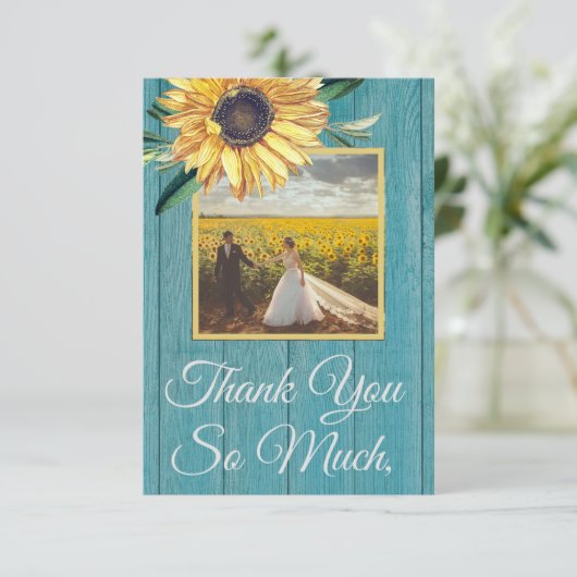 Robuust fotogeel zonnebloemblauw hout dan hout bedankkaart (Staand voorkant)