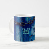 Robuust, geverfd, blauw, met houten openingen koffiemok (Voorkant links)