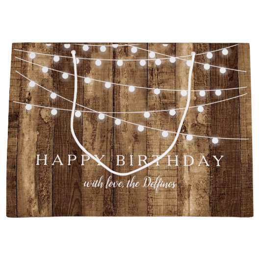 Robuust hout en lichte lampjes Happy Birthday Cust Groot Cadeauzakje (Voorkant)