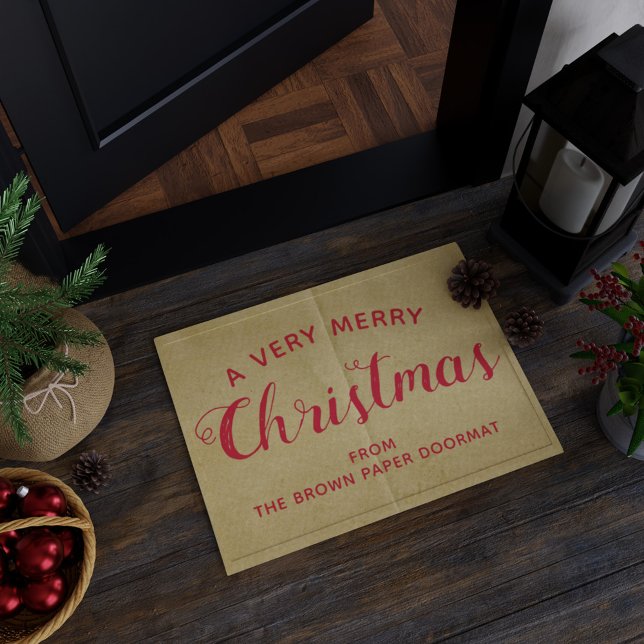 Robuust kerstcadeaupapier, bruin papier, doormat deurmat (A very merry Christmas doormat. Just add your name)