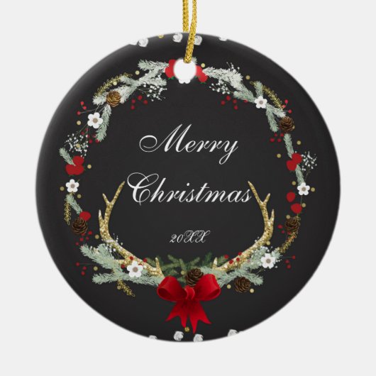 Robuust kerstfeest Antler Wreath Holiday Aangepast Keramisch Ornament (Voorkant)