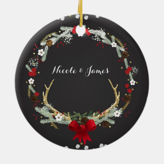 Robuust kerstfeest Antler Wreath Holiday Aangepast Keramisch Ornament (Achterkant)