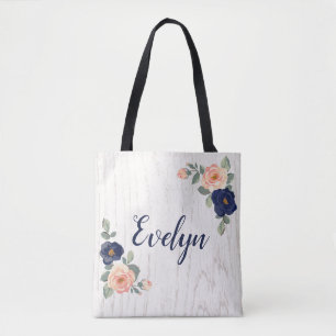 Robuust marineblauw, peach Floral Personalized Tote Bag