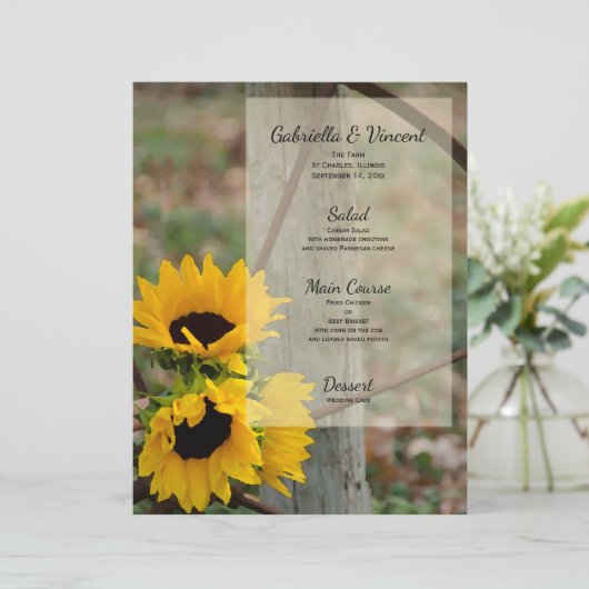 Robuust menu Zonnebloemen en Wagon Wheel Wedding (Staand voorkant)
