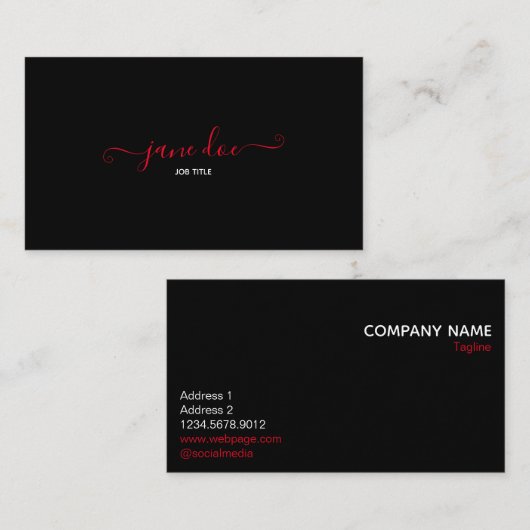 Robuust rood stijlvol bedrijfsmerk, zwart visitekaartje (Voorkant / Achterkant)