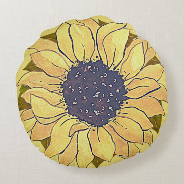 Robuust - waterverf - glazen zonnebloem rond kussen (Achterkant)