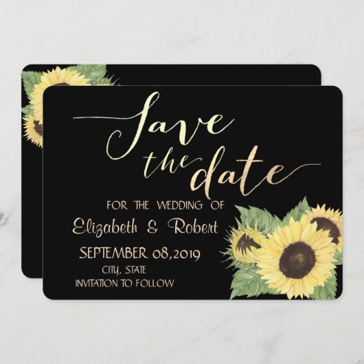 Robuust zwart, zonnebloemen bespaart de datum save the date (Voorkant / Achterkant)